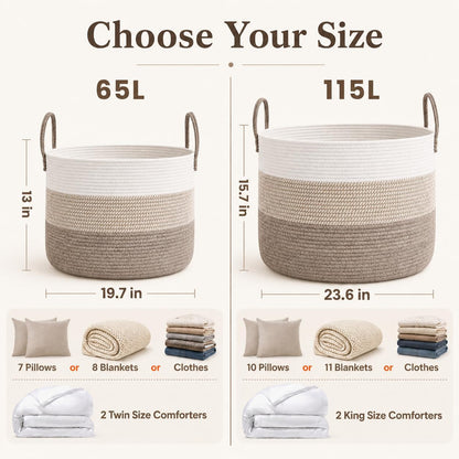 65L Extra Large Machine Washable Cotton Rope Blanket Basket