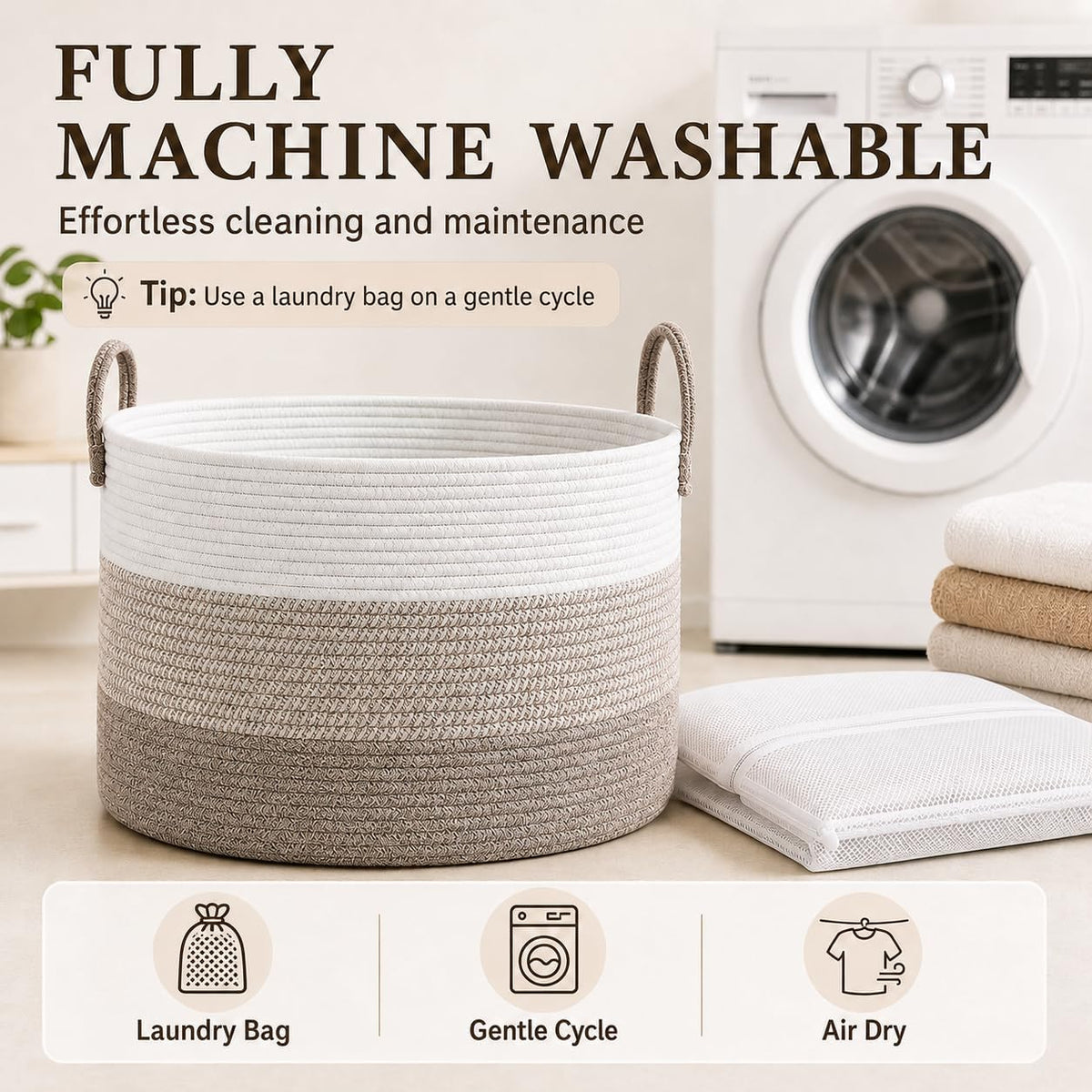65L Extra Large Machine Washable Cotton Rope Blanket Basket