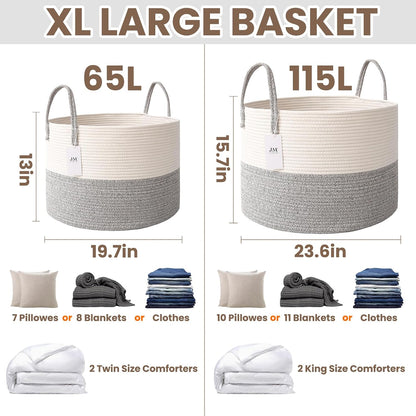 65L Extra Large Machine Washable Cotton Rope Blanket Basket