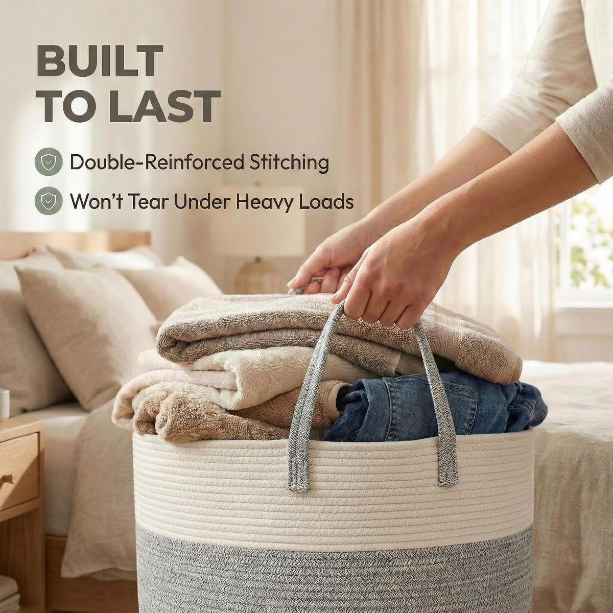 65L Extra Large Machine Washable Cotton Rope Blanket Basket