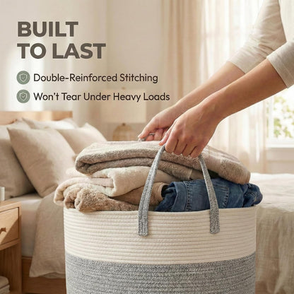 65L Extra Large Machine Washable Cotton Rope Blanket Basket