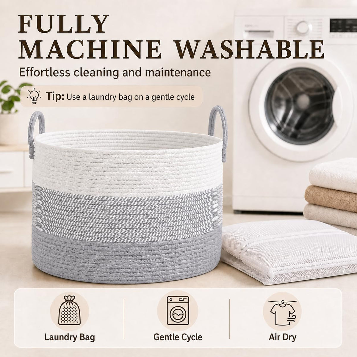 65L Extra Large Machine Washable Cotton Rope Blanket Basket