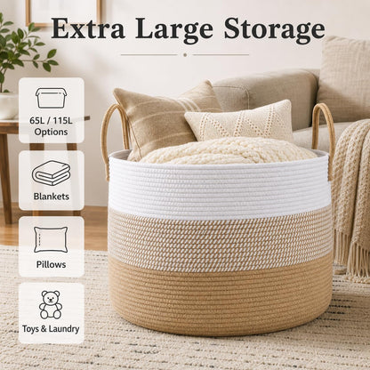 65L Extra Large Machine Washable Cotton Rope Blanket Basket