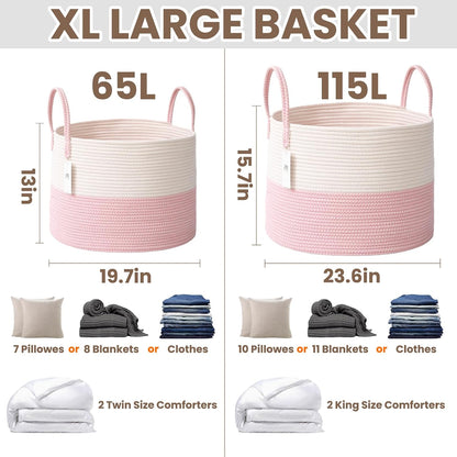 65L Extra Large Machine Washable Cotton Rope Blanket Basket