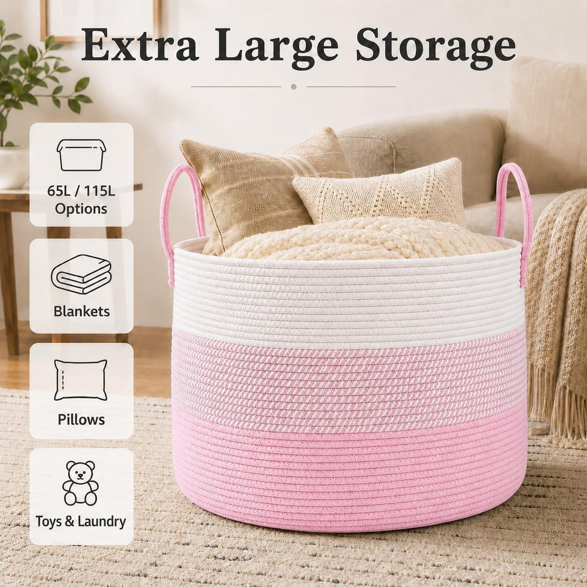 65L Extra Large Machine Washable Cotton Rope Blanket Basket