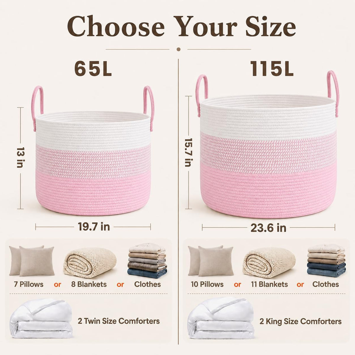 65L Extra Large Machine Washable Cotton Rope Blanket Basket