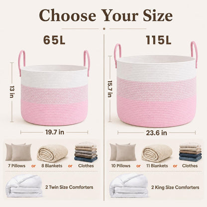 65L Extra Large Machine Washable Cotton Rope Blanket Basket