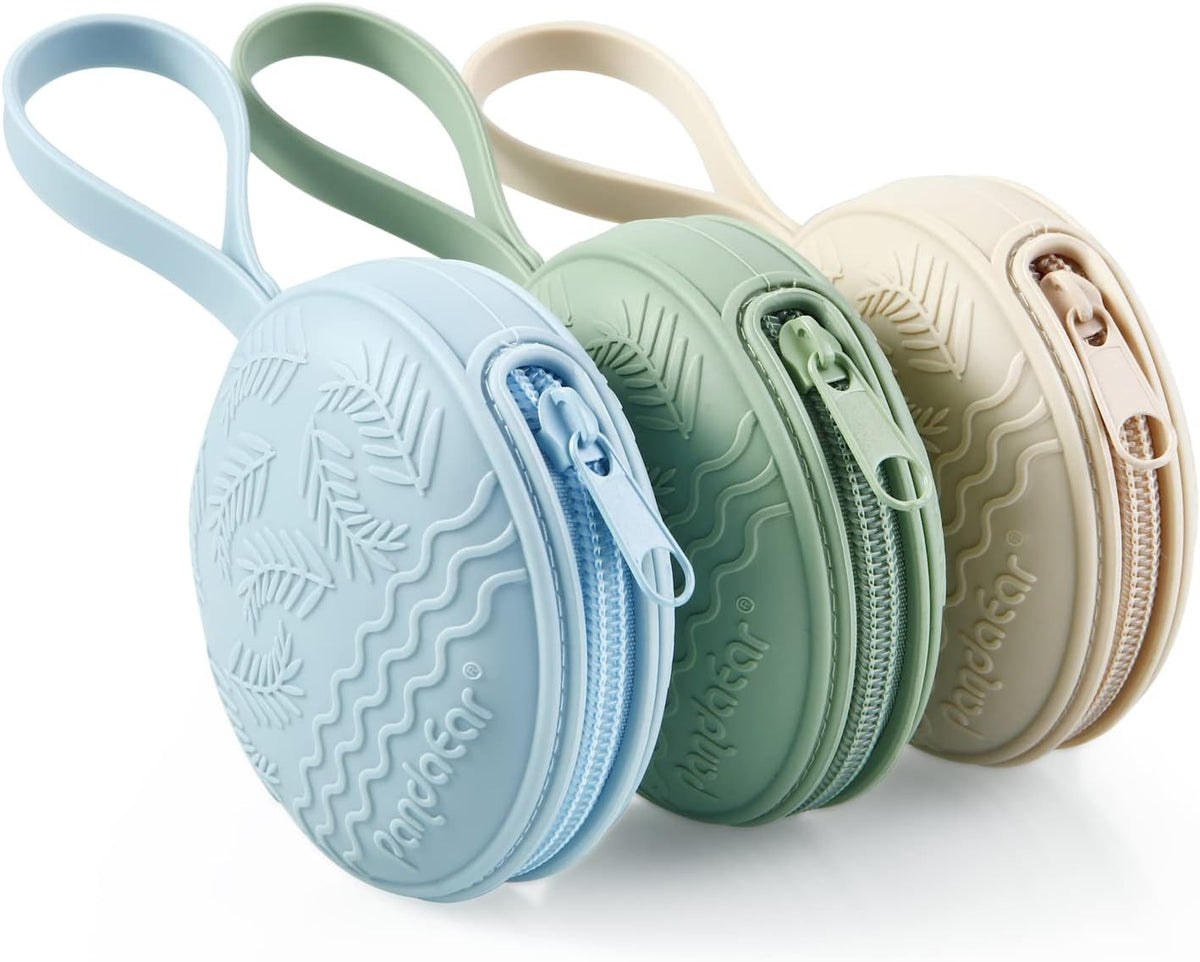 3 Pack Silicone Pacifier Holder Case, Portable Travel Pacifier Pouch for Newborns, BPA-Free Silicone Pacifier Storage Container for Boys & Girls (Green, Blue, Cream)