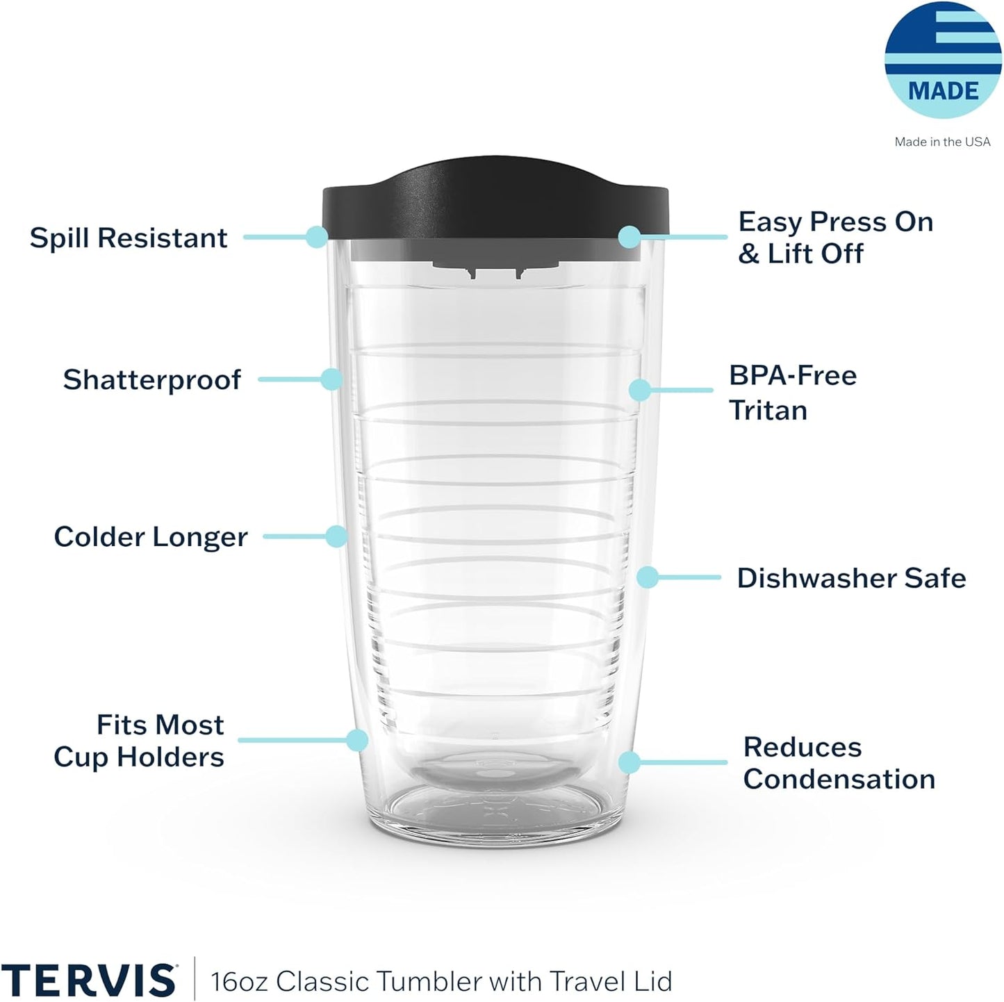 Tervis Clear & Colorful Lidded Made in USA Double Walled Insulated Tumbler Travel Cup Keeps Drinks Cold & Hot, 24oz, Blue Lid, 1 Count (Pack of 1)