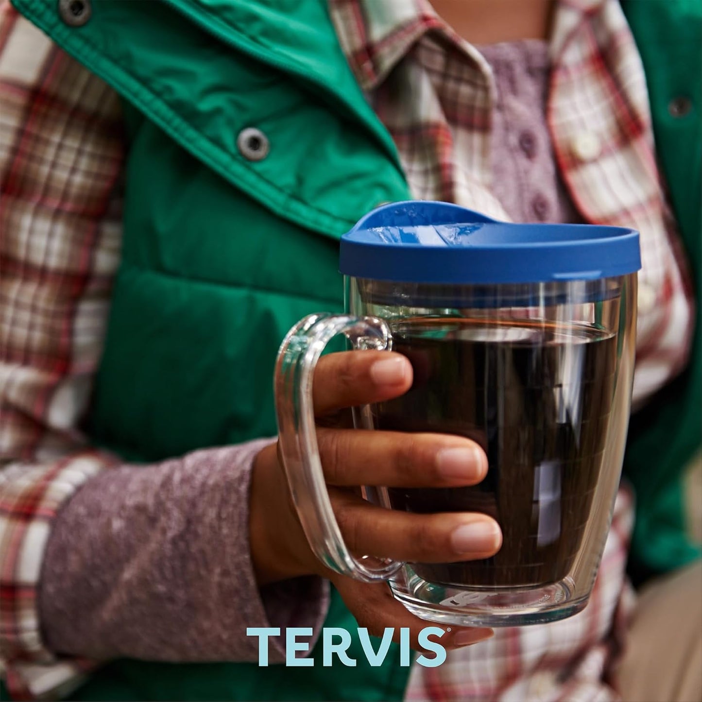 Tervis Clear & Colorful Lidded Made in USA Double Walled Insulated Tumbler Travel Cup Keeps Drinks Cold & Hot, 24oz, Blue Lid, 1 Count (Pack of 1)