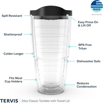 Tervis Clear & Colorful Lidded Made in USA Double Walled Insulated Tumbler Travel Cup Keeps Drinks Cold & Hot, 24oz, Blue Lid, 1 Count (Pack of 1)