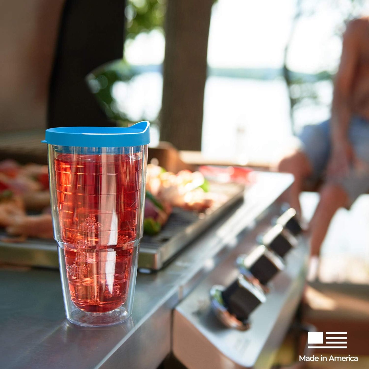 Tervis Clear & Colorful Lidded Made in USA Double Walled Insulated Tumbler Travel Cup Keeps Drinks Cold & Hot, 24oz, Blue Lid, 1 Count (Pack of 1)