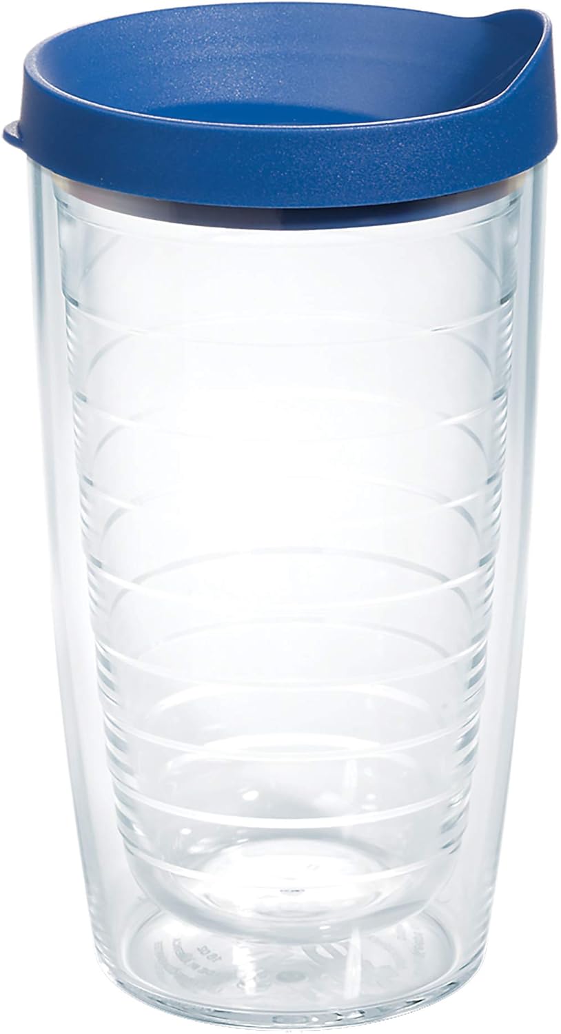 Tervis Clear & Colorful Lidded Made in USA Double Walled Insulated Tumbler Travel Cup Keeps Drinks Cold & Hot, 24oz, Blue Lid, 1 Count (Pack of 1)