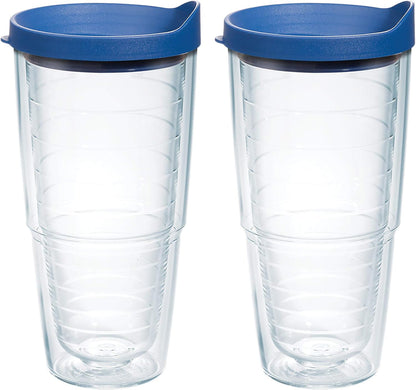 Tervis Clear & Colorful Lidded Made in USA Double Walled Insulated Tumbler Travel Cup Keeps Drinks Cold & Hot, 24oz, Blue Lid, 1 Count (Pack of 1)