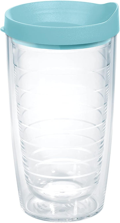 Tervis Clear & Colorful Lidded Made in USA Double Walled Insulated Tumbler Travel Cup Keeps Drinks Cold & Hot, 24oz, Blue Lid, 1 Count (Pack of 1)