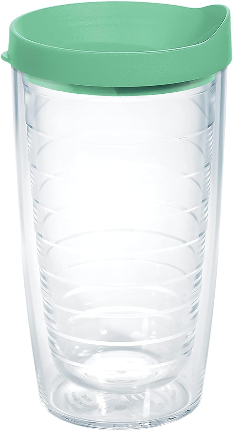 Tervis Clear & Colorful Lidded Made in USA Double Walled Insulated Tumbler Travel Cup Keeps Drinks Cold & Hot, 24oz, Blue Lid, 1 Count (Pack of 1)