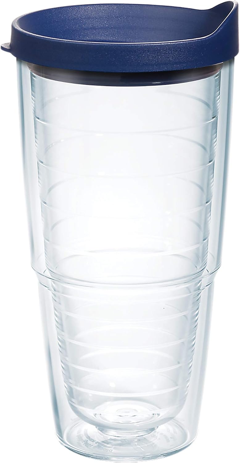 Tervis Clear & Colorful Lidded Made in USA Double Walled Insulated Tumbler Travel Cup Keeps Drinks Cold & Hot, 24oz, Blue Lid, 1 Count (Pack of 1)