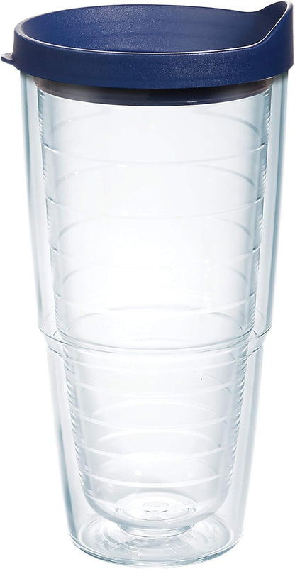 Tervis Clear & Colorful Lidded Made in USA Double Walled Insulated Tumbler Travel Cup Keeps Drinks Cold & Hot, 24oz, Blue Lid, 1 Count (Pack of 1)