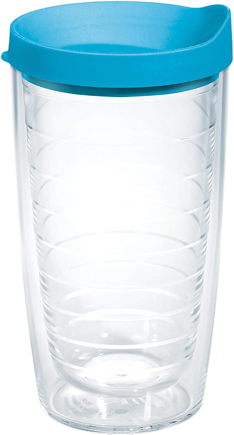 Tervis Clear & Colorful Lidded Made in USA Double Walled Insulated Tumbler Travel Cup Keeps Drinks Cold & Hot, 24oz, Blue Lid, 1 Count (Pack of 1)
