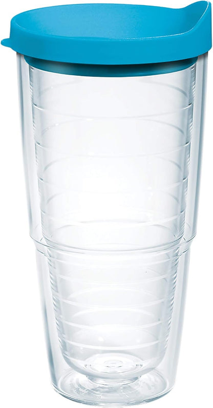Tervis Clear & Colorful Lidded Made in USA Double Walled Insulated Tumbler Travel Cup Keeps Drinks Cold & Hot, 24oz, Blue Lid, 1 Count (Pack of 1)