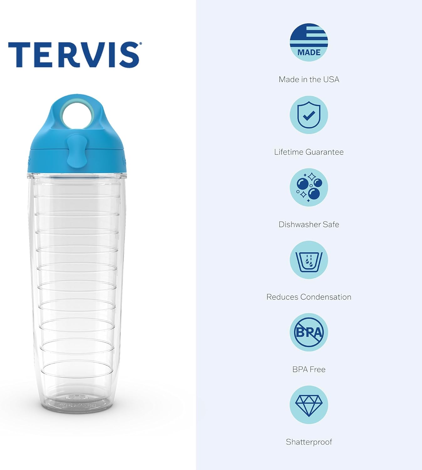 Tervis Clear & Colorful Lidded Made in USA Double Walled Insulated Tumbler Travel Cup Keeps Drinks Cold & Hot, 24oz, Blue Lid, 1 Count (Pack of 1)