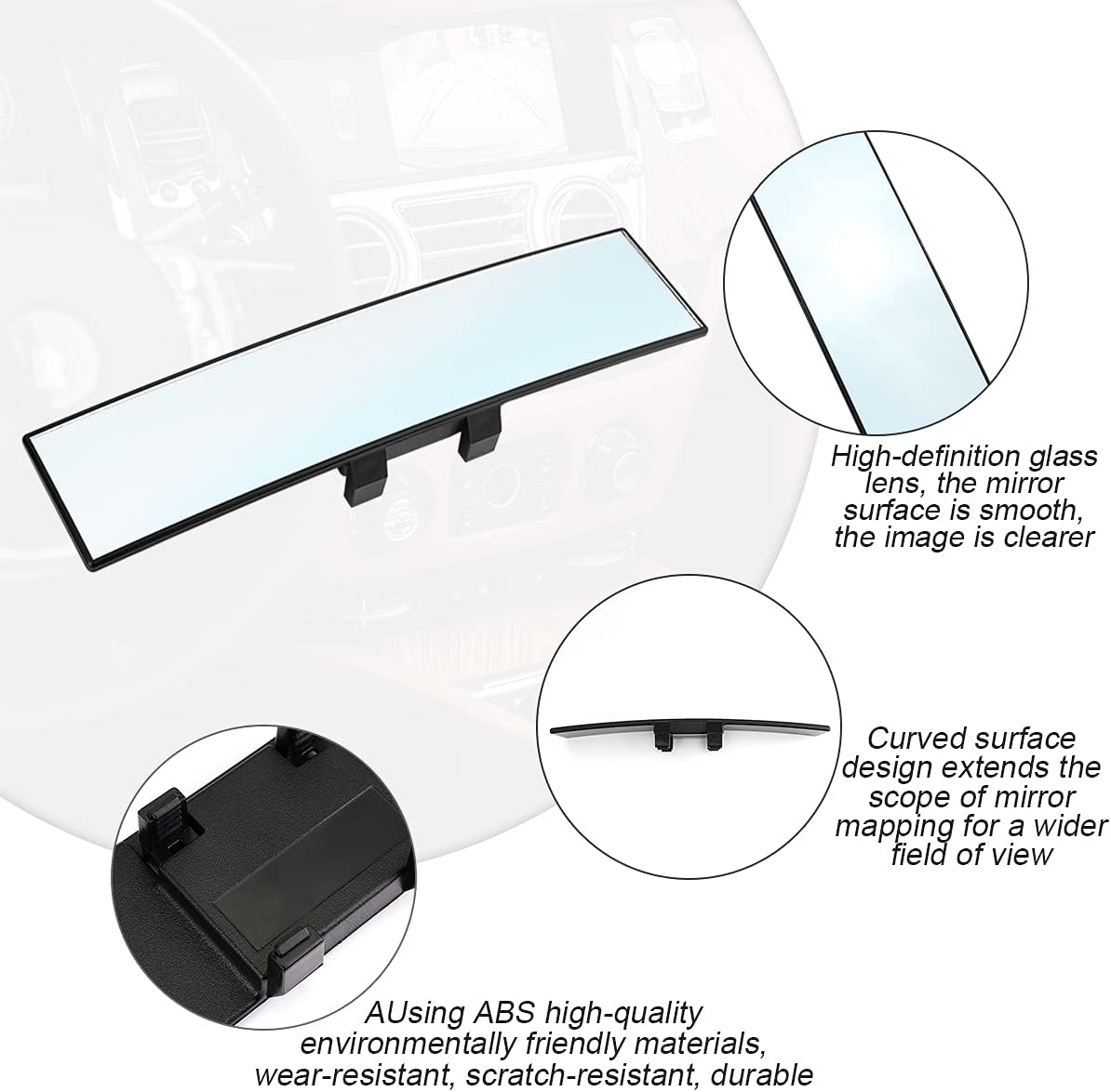 12 Inch Panoramic Car Rearview Mirror, White