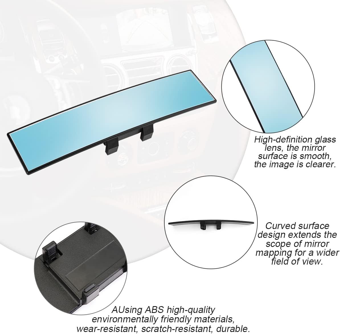 12 Inch Panoramic Car Rearview Mirror, White