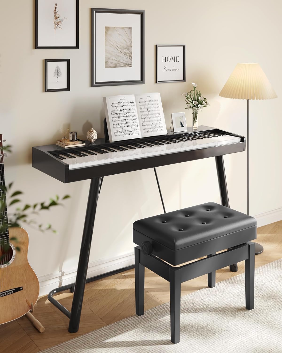 Adjustable Piano Bench with Padded Cushion and Storage Compartment