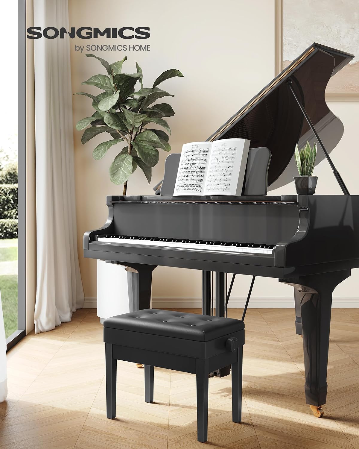 Adjustable Piano Bench with Padded Cushion and Storage Compartment