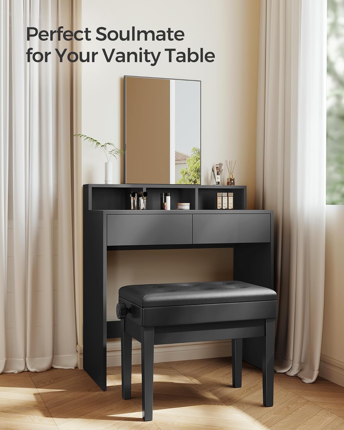 Adjustable Piano Bench with Padded Cushion and Storage Compartment