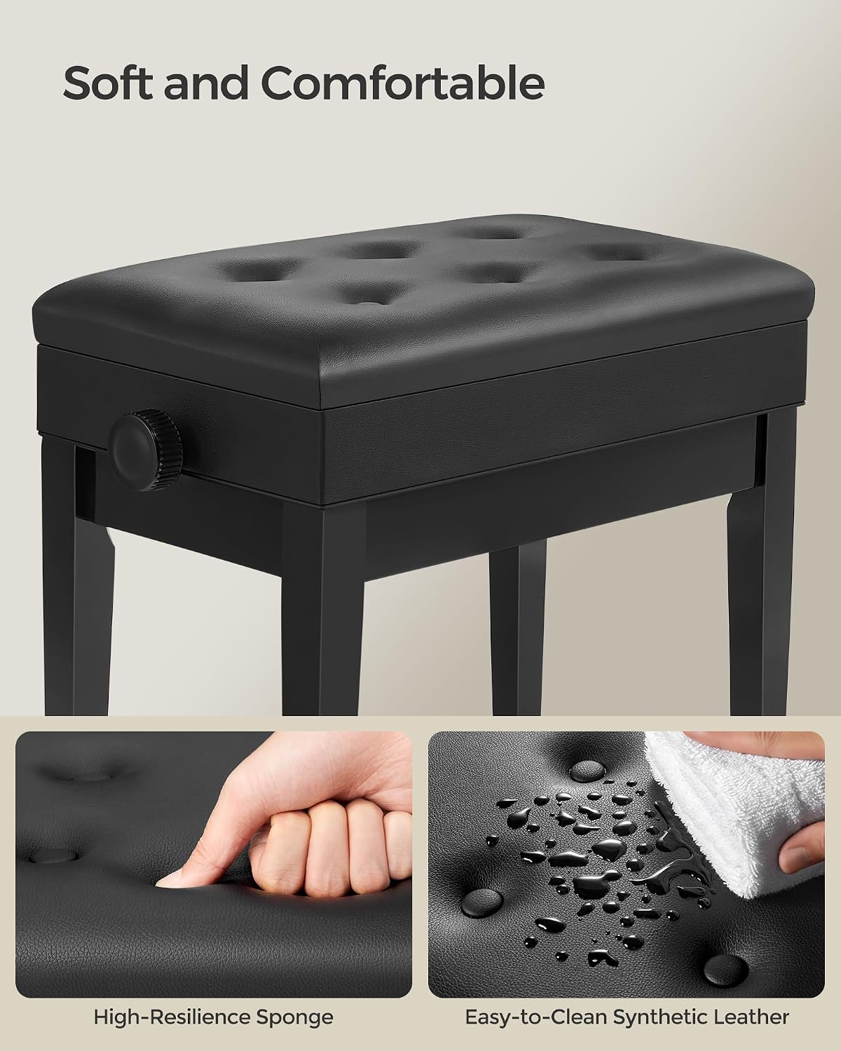Adjustable Piano Bench with Padded Cushion and Storage Compartment