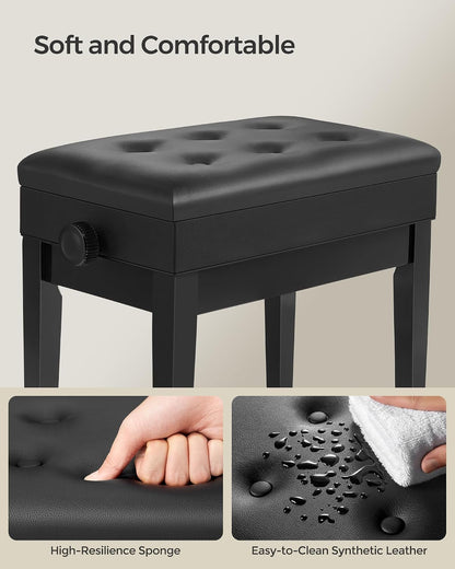 Adjustable Piano Bench with Padded Cushion and Storage Compartment