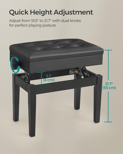 Adjustable Piano Bench with Padded Cushion and Storage Compartment