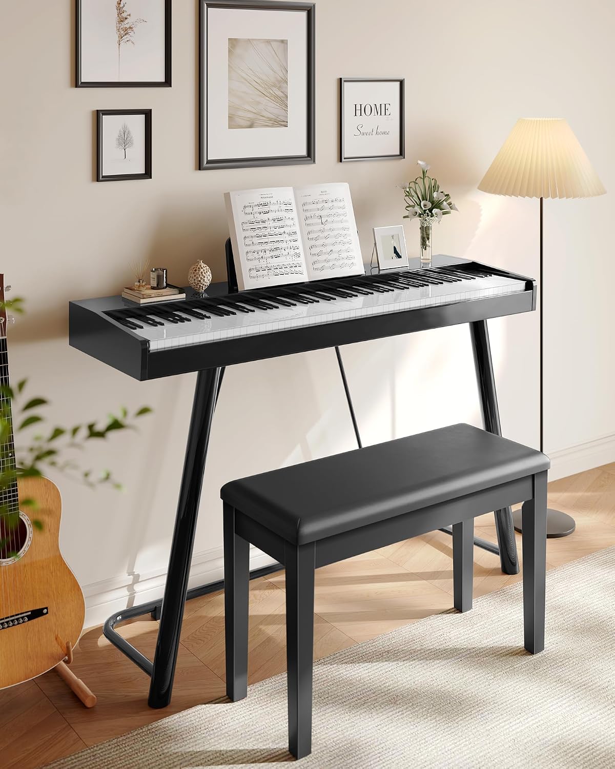 Adjustable Piano Bench with Padded Cushion and Storage Compartment