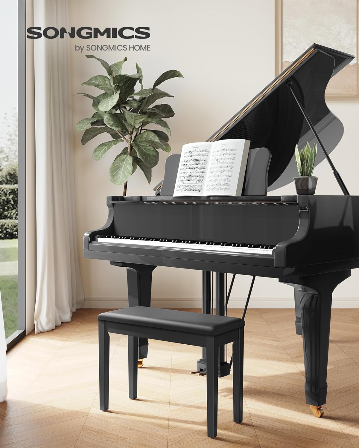 Adjustable Piano Bench with Padded Cushion and Storage Compartment