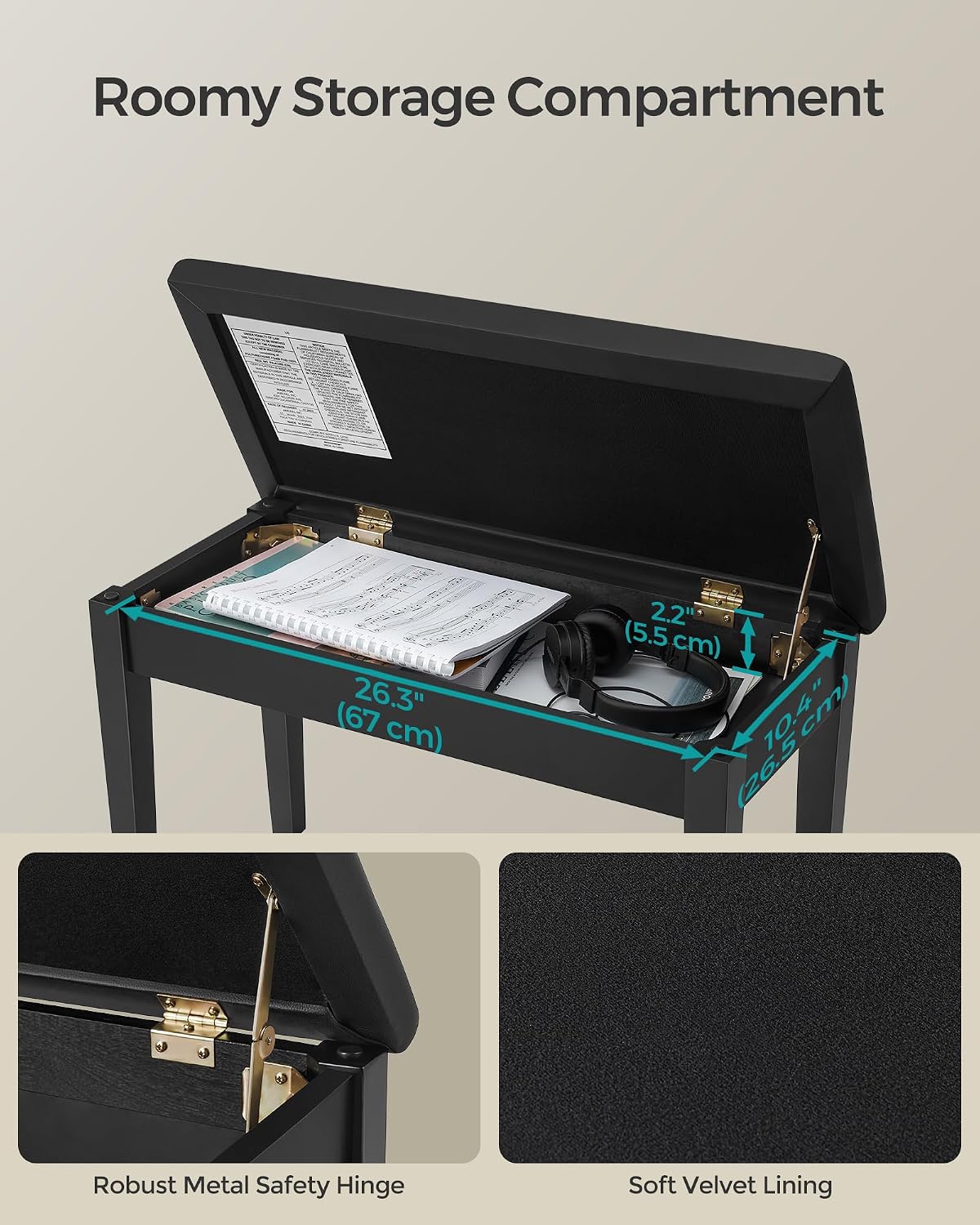 Adjustable Piano Bench with Padded Cushion and Storage Compartment