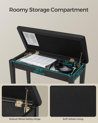 Adjustable Piano Bench with Padded Cushion and Storage Compartment