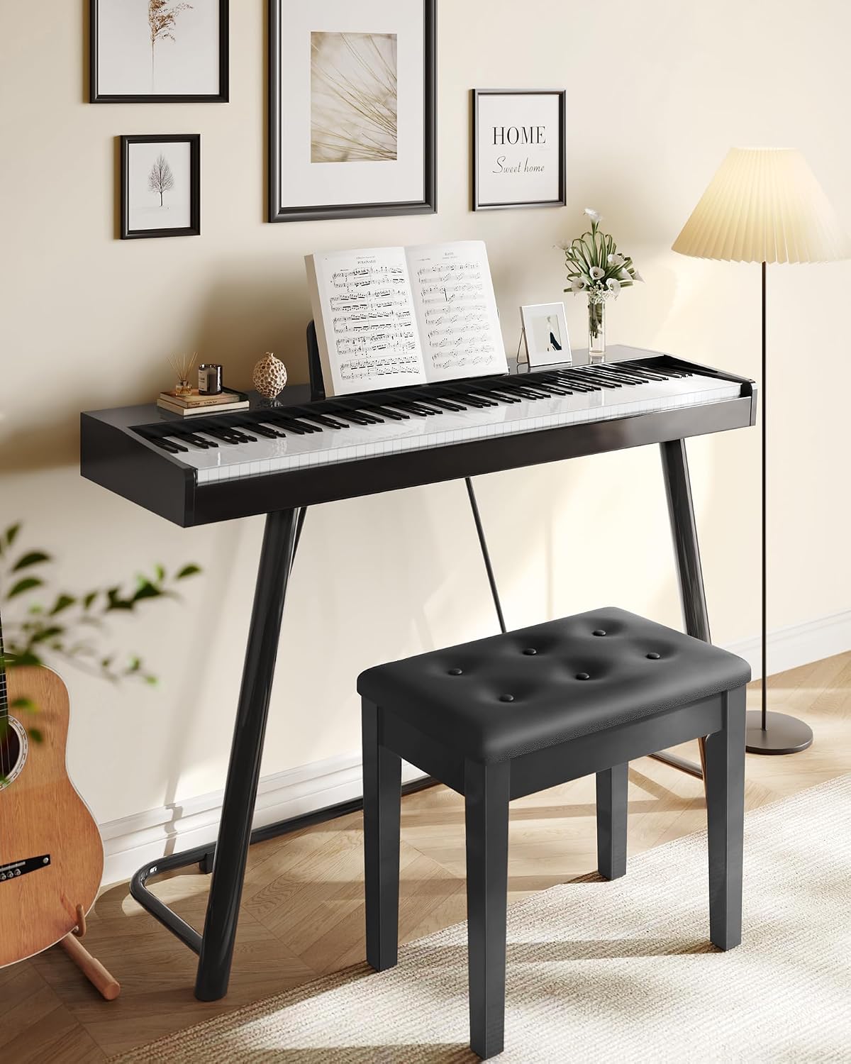 Adjustable Piano Bench with Padded Cushion and Storage Compartment