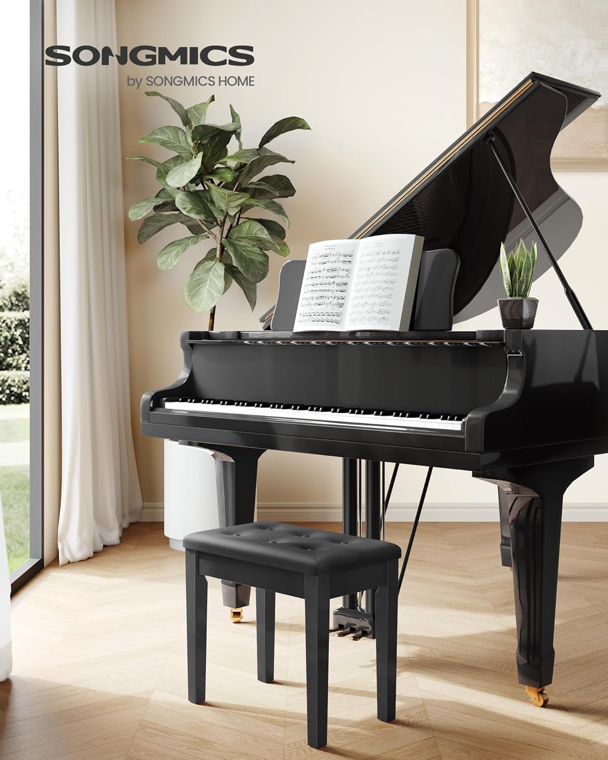 Adjustable Piano Bench with Padded Cushion and Storage Compartment