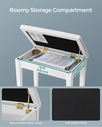 Adjustable Piano Bench with Padded Cushion and Storage Compartment