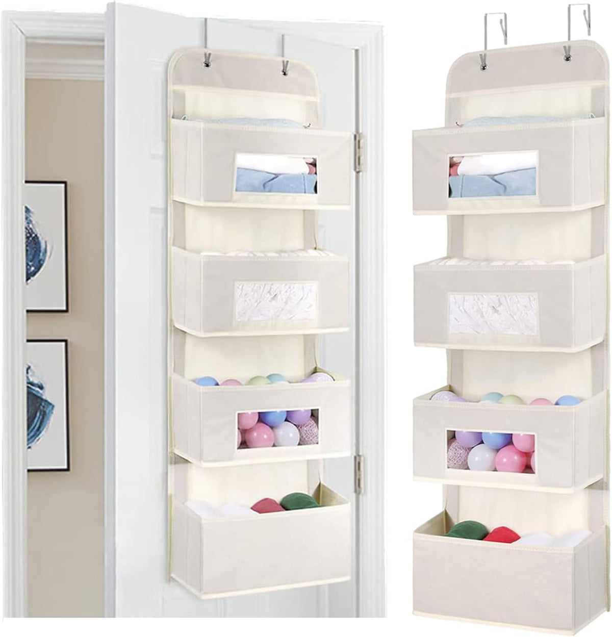 4-Shelf Over The Door Hanging Organizer with 2 Metal Hooks,Beige