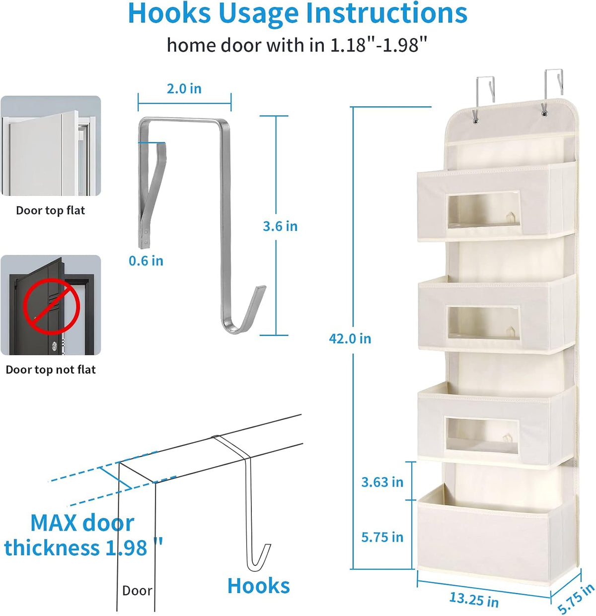 4-Shelf Over The Door Hanging Organizer with 2 Metal Hooks,Beige