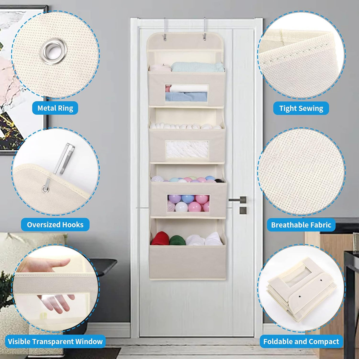 4-Shelf Over The Door Hanging Organizer with 2 Metal Hooks,Beige