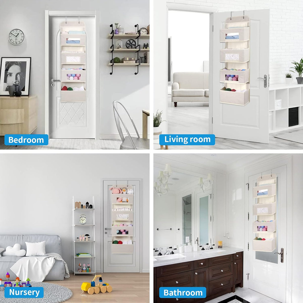 4-Shelf Over The Door Hanging Organizer with 2 Metal Hooks,Beige