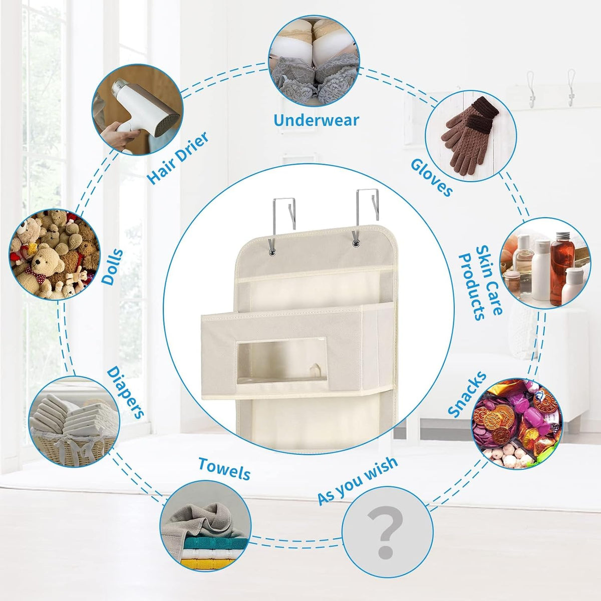 4-Shelf Over The Door Hanging Organizer with 2 Metal Hooks,Beige