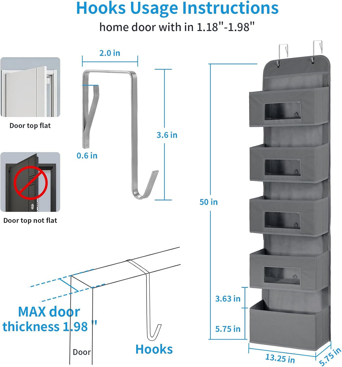 4-Shelf Over The Door Hanging Organizer with 2 Metal Hooks,Beige