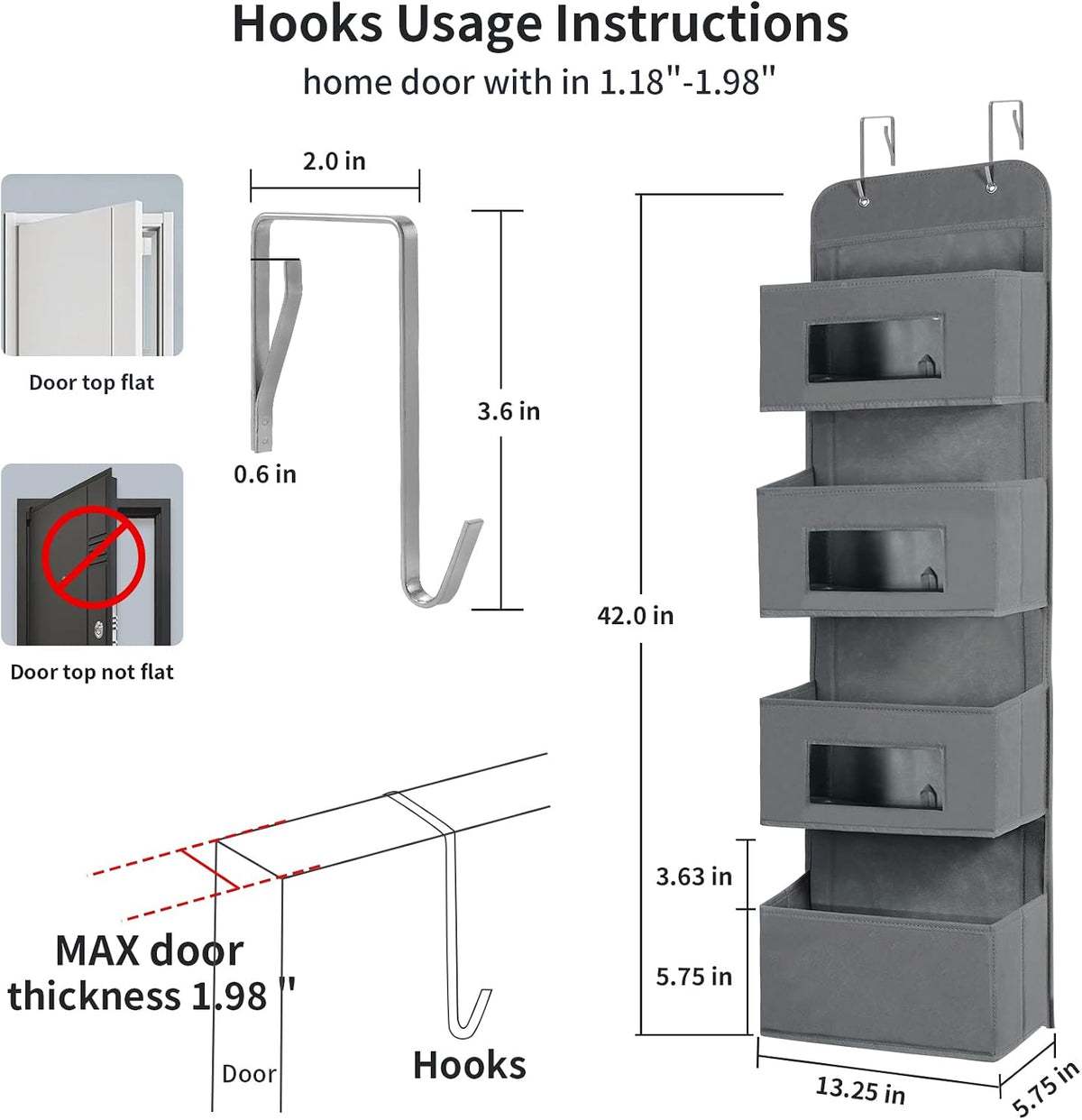 4-Shelf Over The Door Hanging Organizer with 2 Metal Hooks,Beige