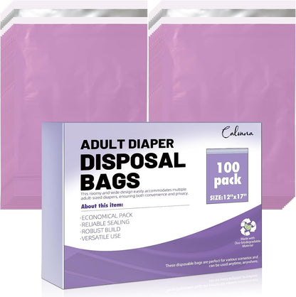 100pcs Adult Diaper Disposal Bags, Extra Large 12"x17", Odor-Proof & Leak-Resistant, Thick Tear-Resistant Disposable Trash Bags for Adult Diapers, Baby Diapers, Pet Waste (Purple)