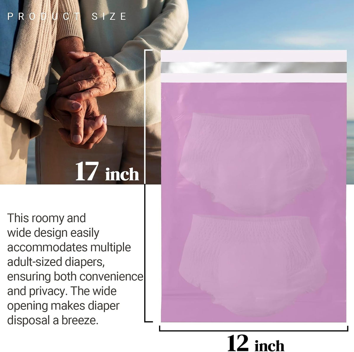100pcs Adult Diaper Disposal Bags, Extra Large 12"x17", Odor-Proof & Leak-Resistant, Thick Tear-Resistant Disposable Trash Bags for Adult Diapers, Baby Diapers, Pet Waste (Purple)