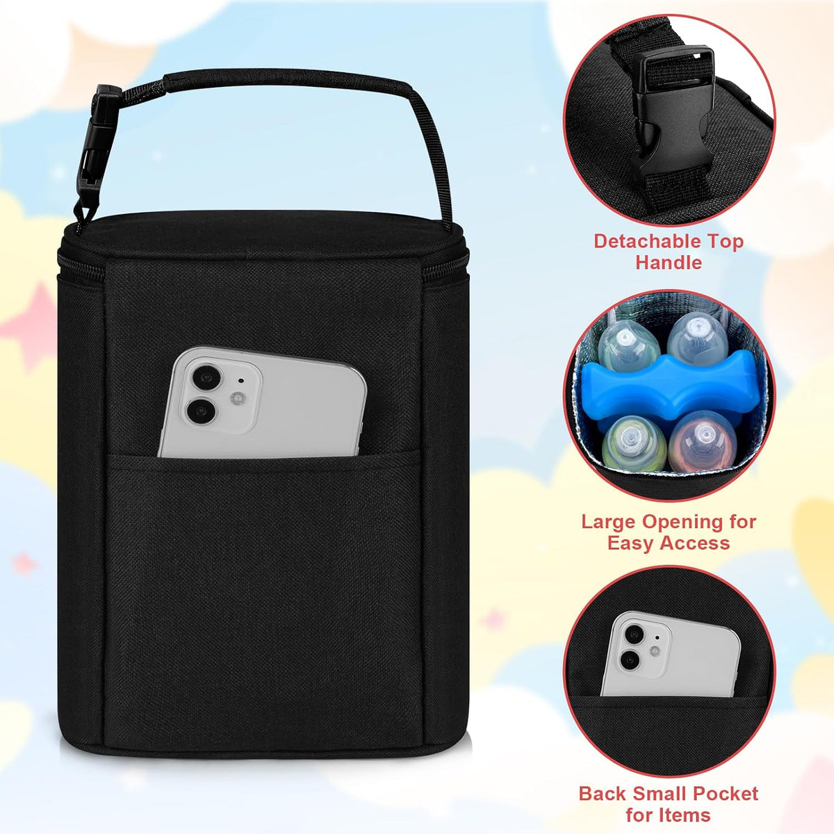 Breastmilk Cooler Bag with Ice Pack, Baby Bottle Cooler Bags, Insulated Bottle Cooler Tote Bags On The Go, Fits 4 Large 8oz Bottles, for Nursing Mom Daycare Travel, Black